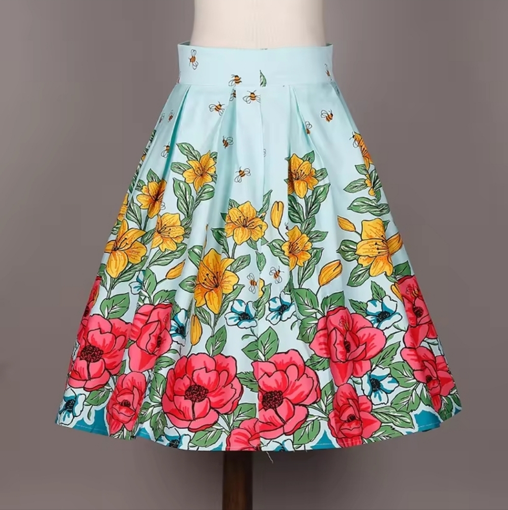 Floral Spring Bumble Bee Flower Blue Turquoise Pleated Cotton Womens Skirt Small